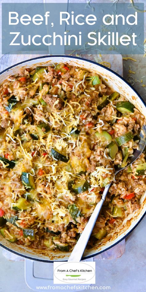 This budget-friendly Mexican-inspired zucchini and ground beef recipe is a one-pot meal that comforts and satisfies.  Perfect for busy weeknights when you need a quick and delicious dinner in under an hour! Hamburger Zucchini Rice Skillet, Ground Beef Squash Zucchini, Rice And Burger Recipes Ground Beef, Ground Beef Zucchini Squash Recipes, Ground Beef Zucchini Skillet, Hamburger Zucchini Skillet, Zucchini Hamburger Recipes, Hamburger And Zucchini Recipes, Zucchini Ground Beef Recipes