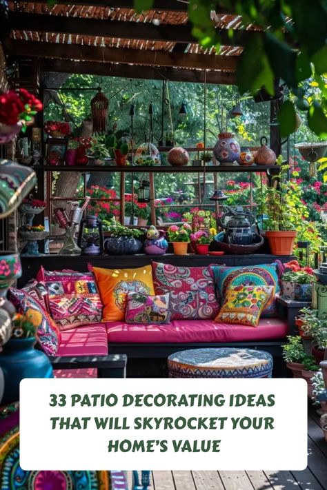 Get ready to be inspired! 🌿✨ Check out these 33 Gorgeous Patio Decorating Ideas that will totally transform your outdoor space into a dreamy oasis! From chic furniture to cozy lighting, we've got all the tips you need for a stunning patio makeover. Click now to start your patio transformation and make your neighbors jealous! 😍🏡 #PatioGoals #OutdoorLiving #HomeDecor" Colorful Patio Ideas, Patio Transformation, Gorgeous Patio, Cozy Lighting, Colorful Patio, Sophisticated Decor, Patio Makeover, Patio Decorating Ideas, Outdoor Curtains