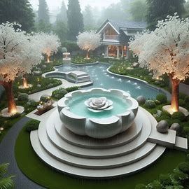 cloudy rainy day in a huge backyard with white cherry trees, there is a hot tub the shape of a rose, there is a cute water fountain for birds - Image Creator in Bing Huge Backyard, Cherry Trees, White Cherries, Cherry Tree, Water Fountain, A Rose, Images Photos, Rainy Day, Bing Images