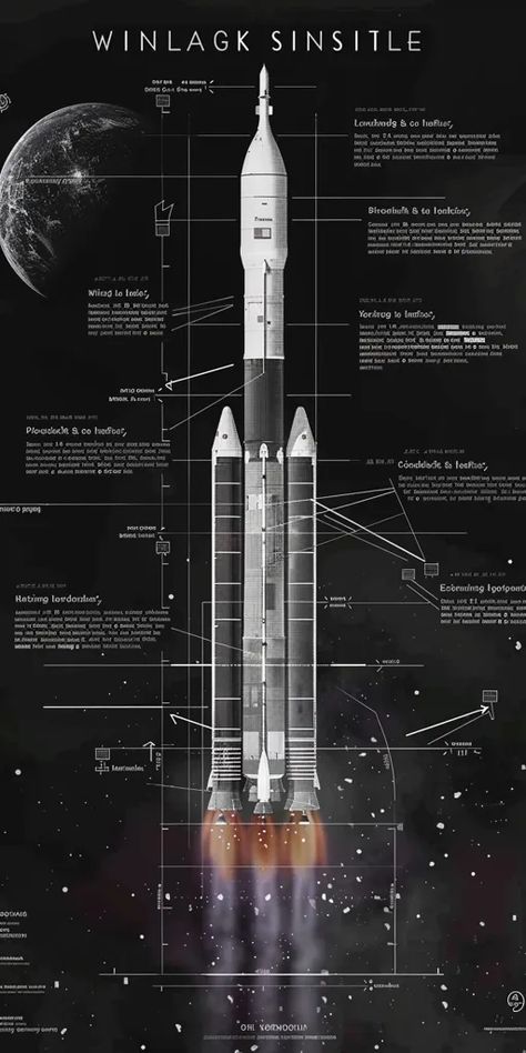 The image is a blueprint of a rocket. It is labeled with the different parts of the rocket, such as the payload, the boosters, and the engines ->> more details in ai-img-gen.com Rocket Blueprint, Space Fleet, Rocket Engine, Space Rocket, Video Games Artwork, Staging, Rocket, Video Game, Flight