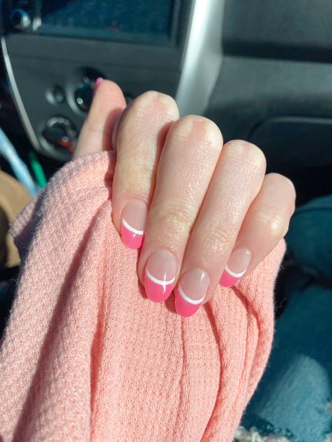 Pink French Tip With White Line, Pink French Tip With Pink Base, French Tip With Pink Base, French Tips With Pink Base, Short Nail French Tip Designs, White French Tips With Pink Base, Colored French Tips, Wedding Day Nails, French Tip Design