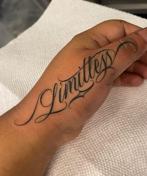 GOOD COMPANY on Instagram: “Limitless . . If there’s one thing I’ll probably never get tired of, it’s doing single words/names on the thumbs like this. Always fun to…” Cursive Handwriting Tattoo, Limitless Tattoo, Handwriting Tattoos, Tattoo Script Fonts, Tattoo Fonts Alphabet, Tattoo Lettering Design, Tattoo Lettering Styles, Tattoo Lettering Fonts, Pretty Tattoos For Women