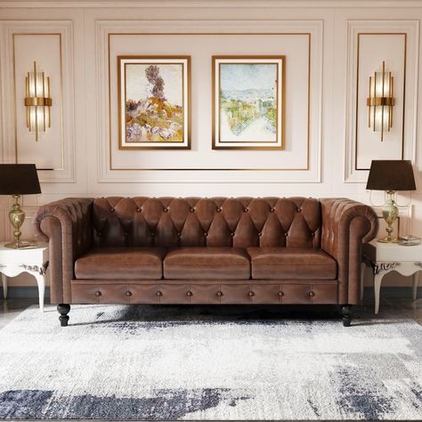 Brown Chesterfield Sofa, Chesterfield Sofa Living Room, Chesterfield Sofa Design, Leather Sofa Living Room, Leather Chesterfield Sofa, Leather Chesterfield, Brown Leather Sofa, Rolled Arm Sofa, Leather Couch