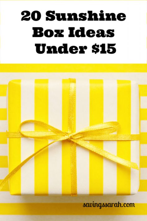 20 Sunshine Box Ideas Under $15 Sunshine Box Ideas Birthday, Diy Sunshine Box Ideas, Encouragement Box Ideas, Yellow Birthday Box Ideas, You Are My Sunshine Gift Ideas, Sunshine Basket Care Packages, Sunshine Basket Ideas, Yellow Gift Basket Ideas, What To Put In A Sunshine Box Friends