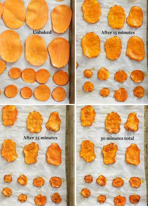 Baked Sweet Potato Chips are an easy, crunchy snack you can bake in just about 30 minutes. They use less oil than a store-bought chip, and taste amazing! Sweet Potato Chips Oven, Dehydrate Recipes, Oven Potato Chips, Crispy Sweet Potato Chips, Homemade Sweet Potato Chips, Sweet Potato Chips Recipe, Sweet Potato Crisps, Sweet Potato Chips Baked, Baked Potato Chips