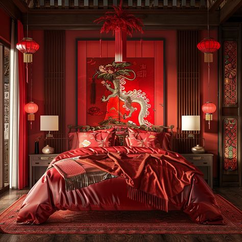 #ChineseWeddingRoom #ModernStyle #RedSheets #RedQuilt #DragonAndPhoenix #RealisticPainting #1:1AspectRatio #TheCandie Chinese Room Decor, Chinese Style Bedroom, Chinese Bedroom, Red Decorations, Chinese Room, Wedding Bedroom, Red Sheets, Inspirational Digital Art, Chinese Interior