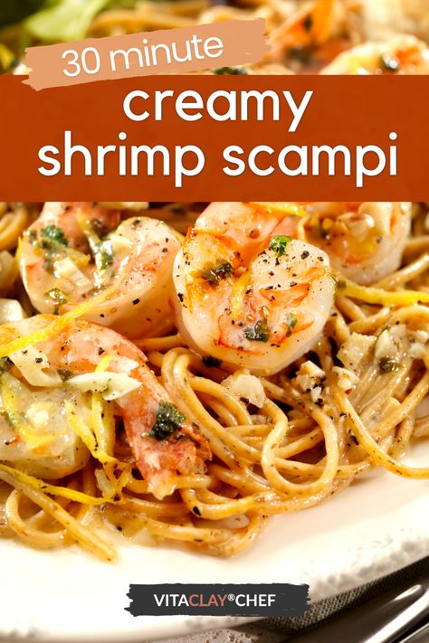 One pot creamy shrimp scampi with pasta cooked in 20 minutes on stew or fast setting! #shrimprecipes Shrimp Scampi With Pasta, Vitaclay Recipes, Creamy Shrimp Scampi, Garlic Shrimp Scampi, Shrimp Scampi Pasta, Creamy Shrimp, Lemon Garlic Shrimp, Shrimp Scampi Recipe, Shrimp Scampi