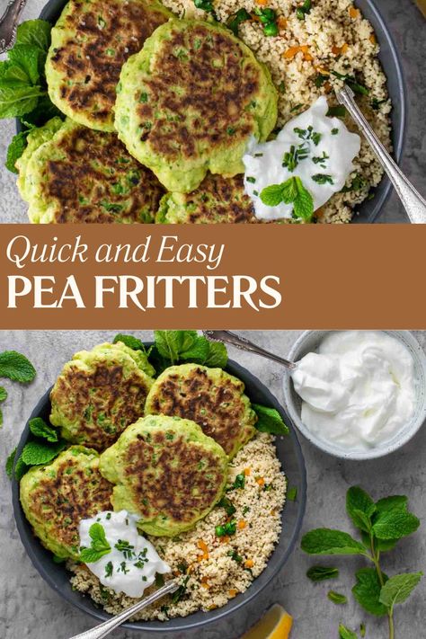 Four pea fritters in a bowl with a portion of couscous. and a dollop of greek yoghurt. Pea Fritters, Grilling Kabobs, Pasta Sides, Favorite Chicken, Pea Recipes, Green Peas, Frozen Peas, Peas, Baby Food Recipes