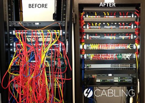 Need help putting an end to cable chaos? 4Cabling supplies a wide range of cable management products that will help you get your cables under control. Special thanks to our customer Rob Y. for sending through one of his before/after cabling projects. #4Cabling #cablemanagement Find more rack mount & cable management accessories @ www.4cabling.com.au Gaming Cable Management, Data Center Rack, Network Rack Cable Management, Network Cabinet, Network Rack, Computer Cables, Server Rack, Hide Wires, Cable Management System