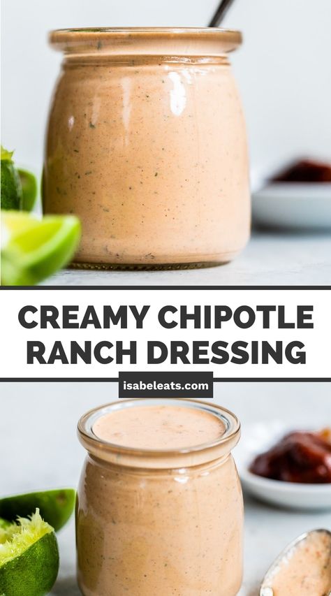 This super easy and creamy Chipotle Ranch Dressing is a great way to add Mexican flavors to your favorite dishes! Use it as a simple salad dressing or drizzle it on tacos, nachos, burritos, and enchiladas! Chipotle Ranch Dressing Recipe, Taco Salad Dressing, Chipotle Ranch Dressing, Chipotle Dressing, Vegan Chipotle, Homemade Chipotle, Chipotle Ranch, Chipotle Peppers, Ranch Dressing Recipe