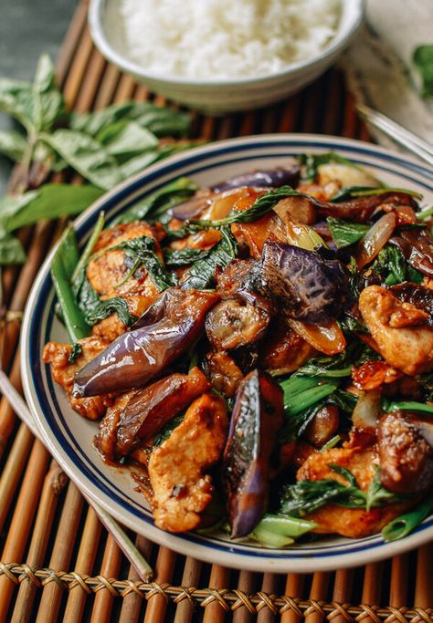 http://thewoksoflife.com/2016/08/japanese-eggplant-chicken-thai-basil-stir-fry/ Chicken Eggplant Stirfry, Chicken Thai Basil, Chinese Aubergine, Eggplant Stir Fry, Chicken Basil, Chicken Eggplant, Japanese Eggplant, Thai Eggplant, Chicken Thai