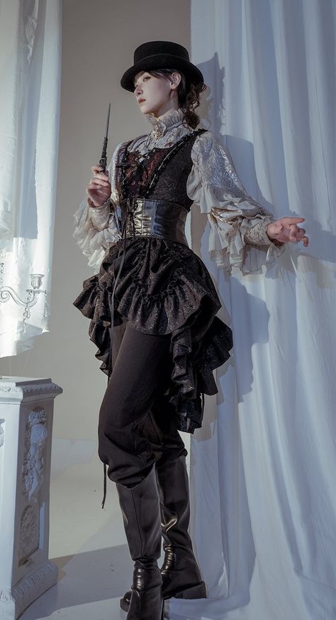 Thief Outfit Design, Fancy Masculine Outfits, Astrologist Outfit, Ouji Fashion Aesthetic, Masc Dresses, Fontaine Outfits, Outfit Ideas For Ocs, Steampunk Aesthetic Outfit, Sorcerer Outfit