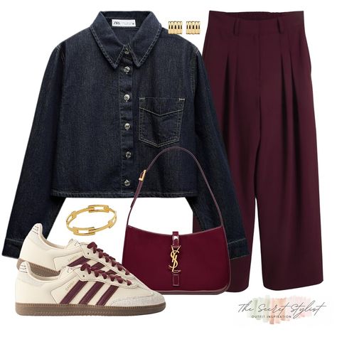 One pair of burgundy trending trousers, styled two ways! Both transitional outfits are styled with these sell out Adidas Sambas, but do you prefer the cream leather @desavarylondon jacket or the dark indigo denim shirt? I couldn’t decide! Comment LINKS to receive the outfit links directly 🙌🏼 Or SHOP the outfit in the August highlight or via my LTK SHOP - The Secret Stylist #burgundytrousers #burgundy #burgundytrousers #janeandtash #denimshirt #outfitoftheday #outfitideas #saintlaurentbag ... Burgundy Set Outfit, Burgundy Summer Outfit, Burgundy And Cream Outfit, Dark Denim Shirt Outfit, Burgundy Trousers Outfit, Burgundy Shirt Outfit, Outfit Pantalon Vino, Trending Trousers, Burgundy Outfits