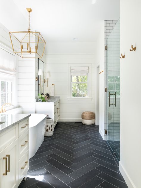 Green Hills Addition - Transitional - Bathroom - Nashville - by The Kingston Group - Remodeling Specialists | Houzz Black Floor Bathroom Ideas, Black Floor Bathroom, Floor Bathroom Ideas, Slate Bathroom Floor, Primary Bathroom Remodel, White Hexagon Tiles, White Bathroom Designs, Attic Bathroom, Primary Bathroom