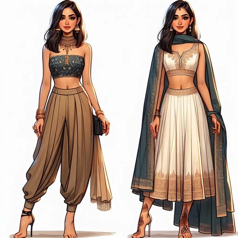 Dhoti Style Lehenga: A Blend of Comfort and Chic for Every Occasion 7 Desert Outfit Drawing, Fantasy Indian Clothing, Indian Wear Illustration, Egyptian Style Clothes, Desert Outfit Ideas, Female Wears, Desert Clothing, Desert Outfit, Illustration Practice