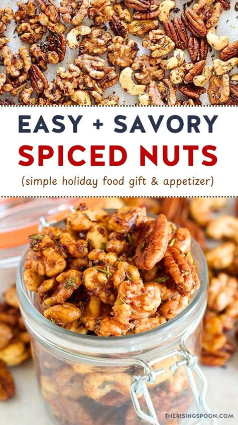 Looking for an easy appetizer ideas for a party or food gifts for the holidays? Fix this delicious savory spiced nuts recipe in less than 30 minutes (start to finish)! It's made with simple ingredients like pecans, walnuts, rosemary, brown sugar, cayenne pepper & salt and every bite is totally addicting. Pour the warm nuts into a bowl for simple snacks (great for charcuterie boards or grazing tables) or package them into mason jars for homemade christmas gifts that friends & family will love! Spiced Nuts Recipe, Paleo Dessert Recipes, Gluten Free Holiday, Winter Foods, Homemade Food Gifts, Food Gluten Free, Real Foods, Christmas Food Gifts, Nut Recipes