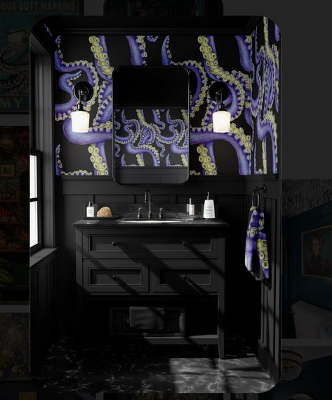 Eldritch Octopus, Maximalism Wallpaper, Unique House Decor, Dark Maximalist, Moody Maximalist, Moody Room, Maximalist Bathroom, Maximalist Wallpaper, Maximalist Design