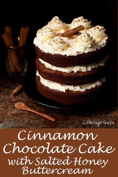 Cinnamon Chocolate Cake with Salted Honey Buttercream #cinnamoncake #chocolatecake #cinnamonchocolate #saltedhoney #saltedhoneybuttercream #honeybuttercream Chocolate Spice Cake, Honey Buttercream, Honey Chocolate, Cinnamon Cake, Chocolate Layer Cake, Gateaux Cake, Honey Recipes, Chocolate Cinnamon, Homemade Cakes