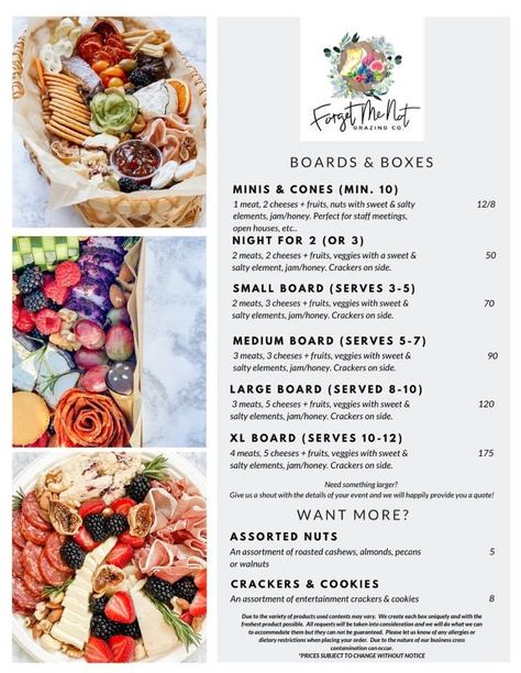 Charcuterie Box Pricing, Charcuterie Business Prices, Charcuterie Menu Design, Charcuterie Portions Per Person, Charcuterie Board Price List, Charcuterie Serving Size Per Person, Charcuterie Company Names, Pricing Charcuterie Boards, Open House Charcuterie Board