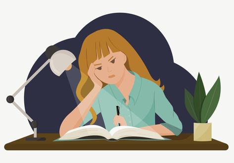 Student Sitting At Desk Drawing, Girl Studying Cartoon, Study Desk Illustration, Girl Writing Illustration, Messy Desk Illustration, Working Drawing, Vector Free Download, Homework, Fashion Flats