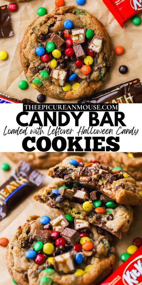 Got buckets of halloween candy and don't know what to do with it? I've got you covered with these delicious and incredibly easy candy bar cookies. They are filled with all of your favorite chocolatey treats, along with some additional chocolate chips. Brown Butter Candy Cookies, Snicker Bar Cookies, Recipes With Halloween Candy, Cookies With Halloween Candy, Leftover Candy Cookies, Halloween Candy Cookies Leftover, Candy Themed Desserts, Candy Bar Cookie Bars, Dump Cookies Recipes