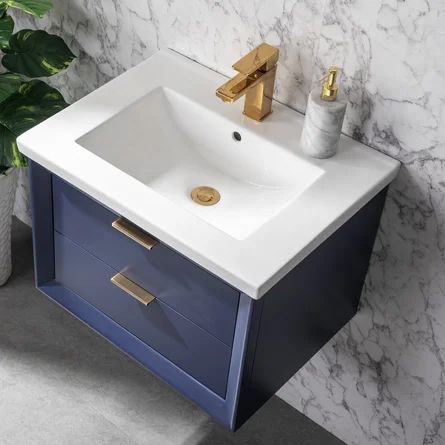 Everly Quinn Draven 24" Wall-Mounted Single Bathroom Vanity Set | Wayfair Floating Vanity Bathroom, 24 Inch Bathroom Vanity, Floating Sink, Floating Bathroom Vanities, Small Bathroom Sinks, Small Bathroom Vanities, Floating Bathroom Vanity, Wood Ceramic, Porcelain Sink