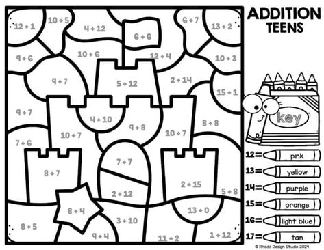 Summer Color By Number Free Printable, Addition Colour By Number, Camping Color By Number, Summer Color By Number, Addition Color By Number Free 2nd Grade, Color By Number Subtraction, Math Stem, Teen Numbers, Subtraction Worksheets