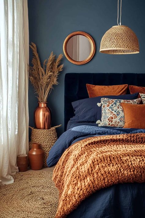 63 Stunning Navy Blue Bedroom Ideas (That Designers Love) Terracotta And Navy Bedding, Blue And Rust Bedding, Blue And Cognac Bedroom, Velvet Blue Bedroom Ideas, Navy Blue Bedroom Ideas Colour Schemes, Dark Blue And Rust Bedroom, Dark Blue And Orange Bedroom, Moody Navy Bedroom, Rust And Blue Bedroom