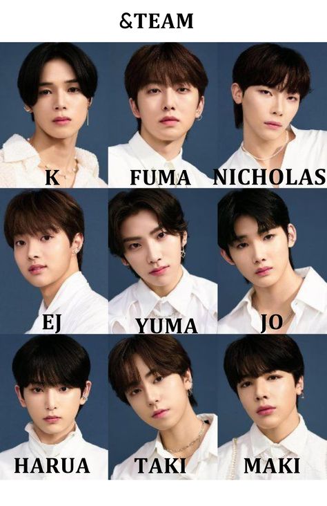 &TEAM with all names (sorry if i got a member wrong im still learning) | orignal pic from @acid2angel I just added their names Just B Members Names, Ikon Members Name, &team Names, The Boyz Name Members, Seventeen Names And Faces, Tws Members Names, Kpop Members Names, And Team Kpop, &team Jpop