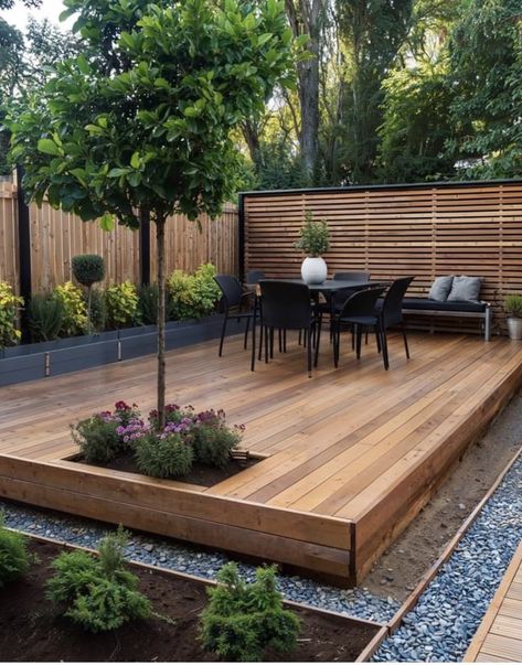 Platform Deck Ideas, Exposed Aggregate Patio, Backyard Deck Designs, Court Yard Ideas, Aggregate Patio, Outdoor Area Ideas, Deck Decor Ideas, Outdoor Landscaping Ideas, Side Yard Ideas