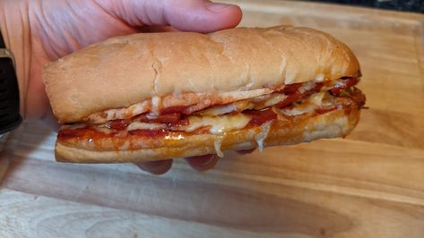 Open-faced pizza sandwich – Bounded by Buns Leftover Meatballs, Pizza Buns, School Canteen, Sub Rolls, French Bread Pizza, Pizza Sandwich, Sub Sandwiches, Poor Man, Red Chili Flakes