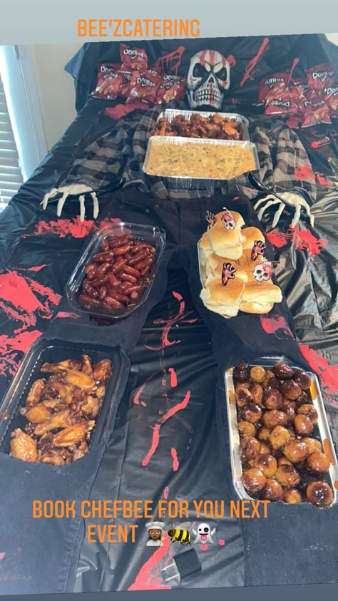 Gory Halloween Party Food Ideas, Hotel Halloween Party, Horror Party Food Ideas, Slasher Food Ideas, Horror Birthday Party Ideas Food, Halloween Body Food Table, Spooky Movie Night Food, Halloween Body Food, Halloween Party Food Display