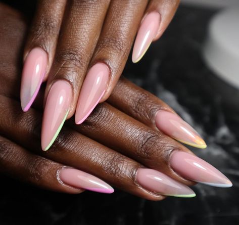 Delaney Kyllo on Instagram: “Almond nails with pastel tips #pastelnails#gelnails#nailsnailsnails#yxenails#yvrnails#yycnails#longnails#almondnails” Spring Nails Acrylic Almond, Pastel Almond Nails, Oval Nails Designs, Long Almond Nails, Almond Nails Designs, Almond Acrylic Nails, Oval Nails, Pastel Nails, Birthday Nails