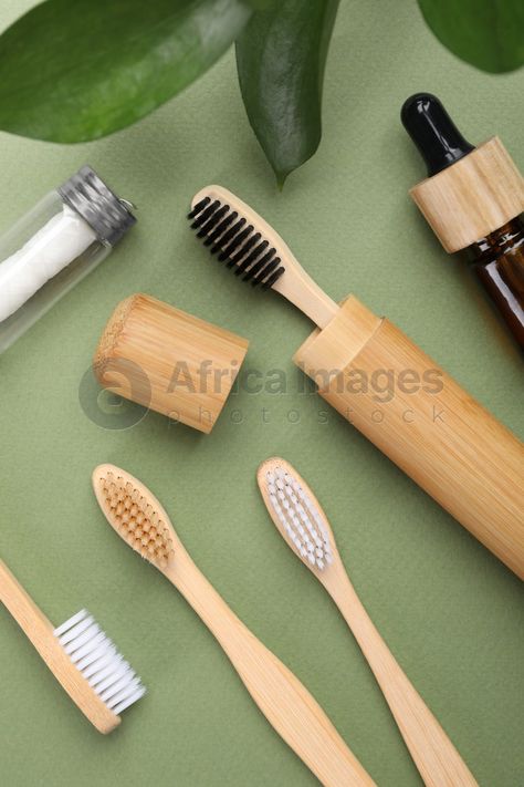 Flat lay composition with bamboo toothbrushes on green background Bamboo Products, Dental Cosmetics, Bamboo Toothbrush, Health Healthy, Green Background, Green Backgrounds, Free Image, Flat Lay, Free Images