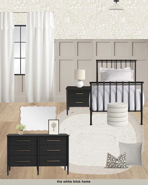 Girl bedroom designs, girl bedroom, girl bedroom ideas, girl bedroom designs for kids, girl bedroom decor, girl bedroom aesthetic, girl bedroom ideas, girl bedroom wallpaper, girl bedroom paint ideas, girl bedroom designs, bedroom girl decor, floral wallpaper, black girl dresser, neutral color scheme for a girl, accent wall girl bedroom, bed frame for a girl, bedroom ideas for a girl, rug, bed, wallpaper, drapes, pottery barn, wayfair, McGee and co, ideas, girl bedroom, bed frame, floral, brown Girls Bedroom Black Bed Frame, Bedroom Design Beige, Lana Bedroom, Sophisticated Girls Room, Girl Bedroom Wallpaper, Black Twin Bed, Bedroom Mood Board, Neutral Bedroom Design, Girls Bedroom Wallpaper