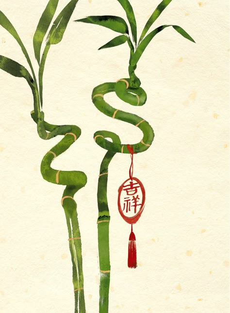 lucky bamboo by kenglye.deviantart.com on @DeviantArt Chinese Bamboo Plant, Bamboo Plant Care, Bamboo Drawing, Bamboo Wallpaper, Chinese Ornament, Lucky Bamboo Plants, Love And Luck, Bamboo Tattoo, Chinese Illustration