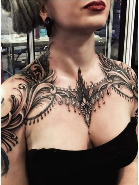 Ryan Ashley Malarkey Tattoos, Mandala Chest Tattoo, Chest Neck Tattoo, Ryan Ashley Malarkey, Chandelier Tattoo, Cover Up Tattoos For Women, Ryan Ashley, Tattoo Artist Tattoo, Girl Neck Tattoos