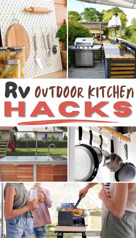 Rv Outdoor Kitchen, Camping Kitchen Set Up, Camping Packing Tips, Hanging Utensils, Campsite Decorating, Travel Trailer Hacks, Trailer Hacks, Rv Decorating Ideas, Rv Cooking