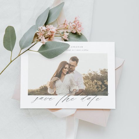 $3.37 | Script photo wedding save the date #stacey meacham, fall wedding, romantic, vintage, photo wedding save the date, white Simple Landscape, Virtual Baby Shower Invitation, Date Invitation, Wedding Romantic, Beautiful Calligraphy, Simple Photo, Save The Date Templates, Simple Wedding Invitations, Wedding Save The Date