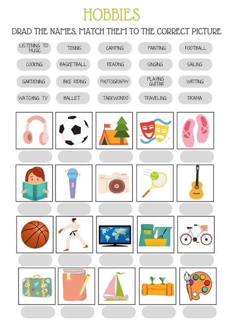 Hobbies Worksheet For Kids, Hobbies Worksheet English, Classroom Things Worksheet, Hobbies Vocabulary English, My Hobby Worksheet, Free Time Activities Worksheets, School Things Worksheet For Kids, Occupation Worksheet Grade 2, Jobs Worksheets For Kids