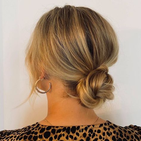 Low Pony Updo Medium Hair, Bridesmaid Low Bun Short Hair, Loose Upstyles For Medium Hair, Low Updo Wedding Guest Hair, Low Bun Wedding Hair Minimal, Casual Low Updo, Soft Textured Low Bun, Low Key Updo Simple, Hair Up Low Bun