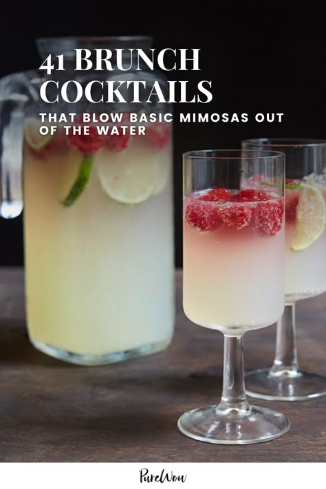 No matter what you’re serving for Sunday brunch, it’d taste better with a cocktail. Here are 41 brunch cocktails to shake up at home. #brunch #cocktails #recipes Bachelorette Party Brunch Ideas, Wedding Morning Drinks, Brunch Drinks Alcoholic Easy, Easy Brunch Drinks, Brunch Alcoholic Beverages, Brunch Set Up Ideas Classy, Morning Alcoholic Drinks Breakfast, Big Batch Brunch Cocktails, Brunch Party At Home