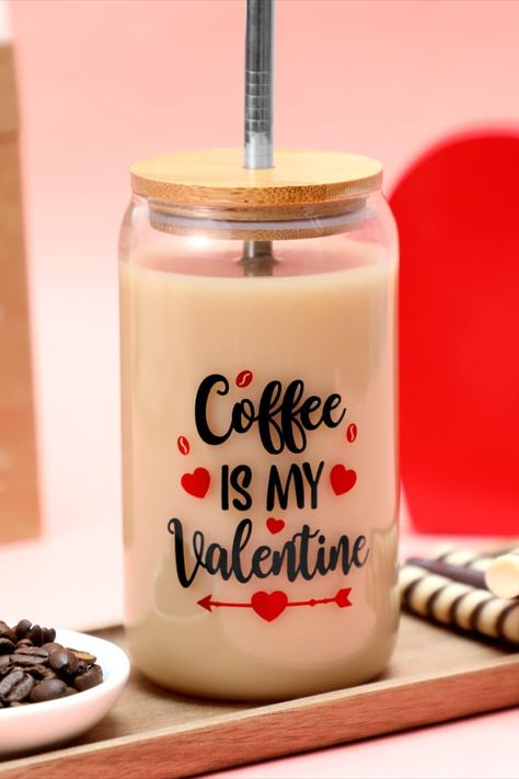 Valentine's Day Glass Cups with Bamboo Lid Metal Straw Red Heart Cup 16 OZ Iced Coffee Dringking Glasses Coffee Is My Valentine Beer Can Glass Smoothie Tumbler Mug Home Decor Gifts for women Cricut Valentines Projects, Coffee Glass Cup, Engagement Gifts For Her, Coffee Valentines, Coffee Cup Design, Valentine Projects, Valentines Mugs, Wedding Engagement Gifts, Future Mrs