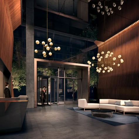 Building Lobby Design Residential, Interior Design Copper, Lobi Design, Design Magazine Inspiration, Lobby Design Residential, Lobby Desk, Residence Lobby, Copper Building, Modern Hotel Lobby