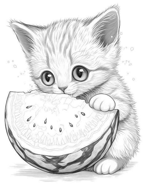 Baby cat eating a watermelon Cat Coloring Pages Free Printable, Watermelon Coloring, Printable Drawings, Cat Coloring Pages, Our Mindful Life, Cat Eating, Adult Colouring Printables, Super Cute Cats, Spring Coloring Pages