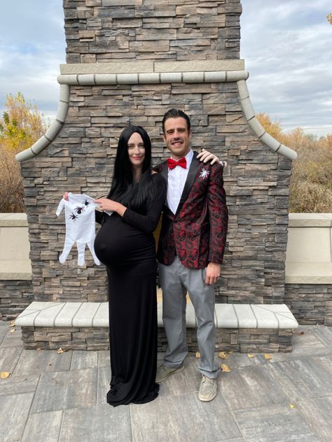 Family Costumes For 3 And Pregnant, Hot Pregnant Halloween Costume, Family Of 3 And Pregnant Halloween Costumes, Pregnant Morticia Addams, Pregnant Morticia Costume, Halloween Pregnant Couple Costumes, Pregnant Couple Costumes Halloween, Cute Pregnancy Halloween Costumes, Couples Costumes Pregnant