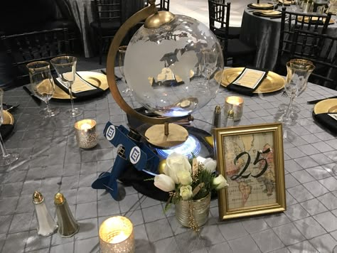 Airplane Event Theme, Aviation Centerpiece Ideas, Pilot Centerpieces, Travel Theme Event, Globe Centerpiece Ideas, Airplane Centerpieces, Airplane Centerpiece Ideas, Around The World Prom Theme, Travel Centerpieces