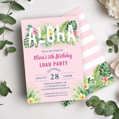 Luau Birthday Party Invitations, Pink Birthday Invitations, Birthday Invitations Pink, 6th Birthday Girls, Summer Birthday Invitations, Luau Invitations, 80 Birthday, Tropical Birthday Party, Cute Birthday Party