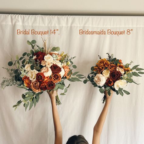 Terracotta Bride Bouquet Wedding, Fall Wedding Flower Decorations, Fall Wedding Flowers Rust, Flowers Rustic Wedding, Romantic Fall Wedding Bouquet, Eucalyptus And Terracotta Bouquet, Flower Moxie Terracotta, Rust Bridal Bouquet Real Flowers, Rustic Burnt Orange Bridal Bouquet