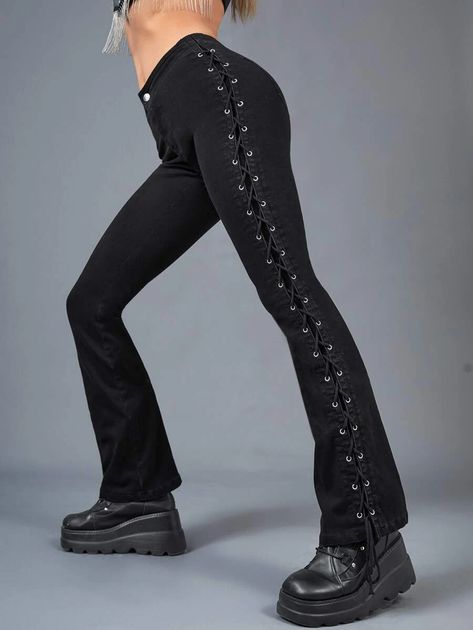 Lace Up Side Bootcut Leg Jeans | SHEIN USA Edgy Jeans, Black Flare Jeans, Shein Icon, Mode Inspo, Black Laces, Diy Clothes, Flare Jeans, Fashion Inspo Outfits, Straight Leg Jeans